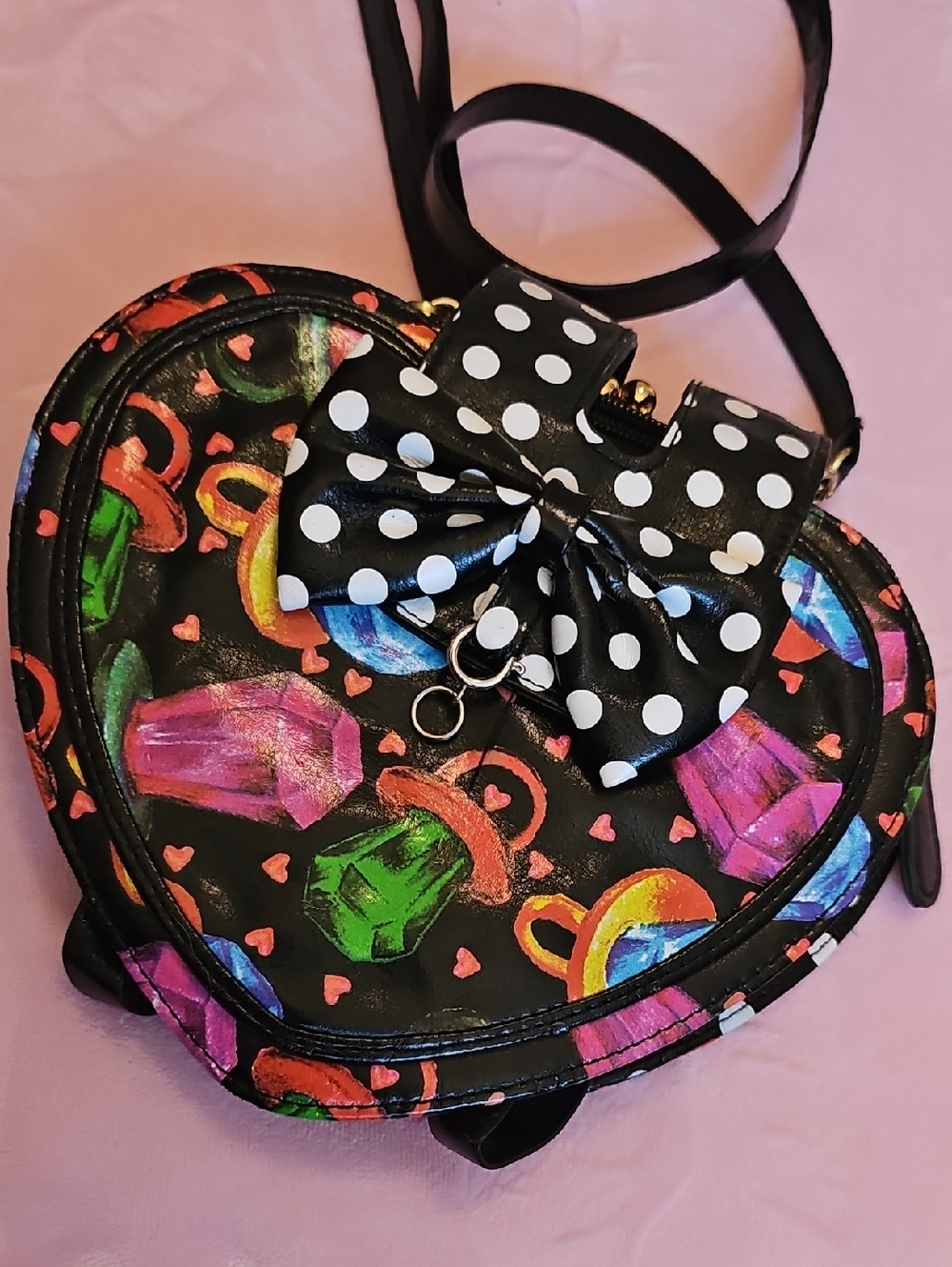 Black Heart Crossbody Bag with Colorful Gem Print and Polka Dot Bow